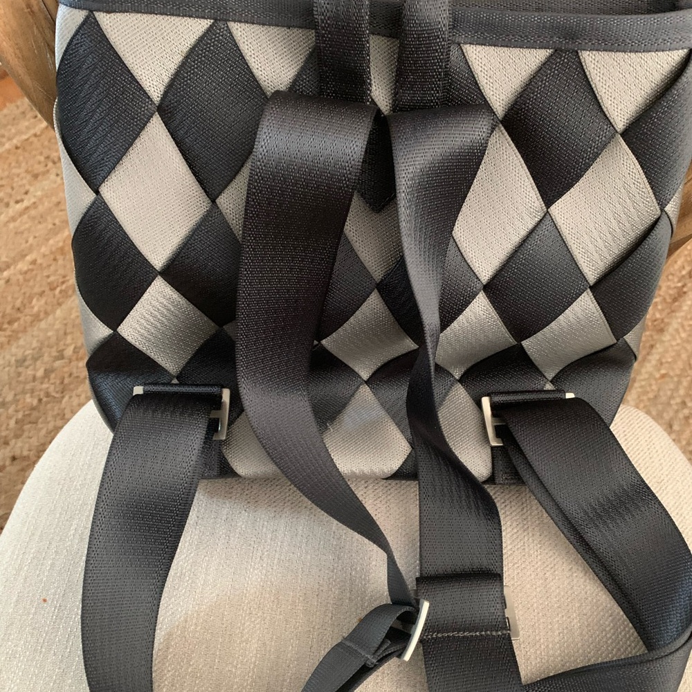 NWOT Black and Gray Maggie Bags Woven Seatbelt Backpack bag black
and grey check - Picture 7 of 10